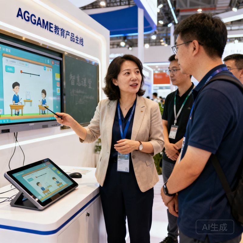 AGGAME教育产品线负责人周雅文，四十多岁女性，在教育信息化展会现场向参观者演示智慧课堂系统，身旁是互动触控终端。